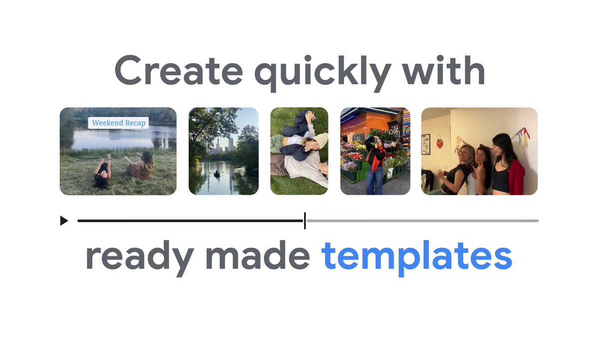 Editing your videos in @GooglePhotos is easier than ever. You can now: 1. Create shareable videos quickly with templates 2. Try the easy-to-use redesigned video editor 3. Add the perfect soundtrack 4. Tell your story with custom text 5. Customize individual video clips