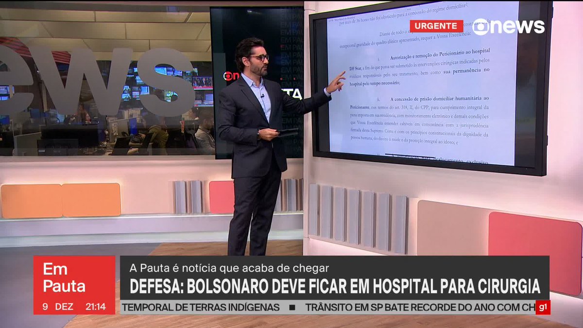 A defesa do ex‑presidente Jair Bolsonaro apresentou um pedido para o STF para que ele deixe a prisão e seja levado ao hospital, onde poderá realizar exames e uma cirurgia. ➡ Assista ao #EmPauta: #GloboNews