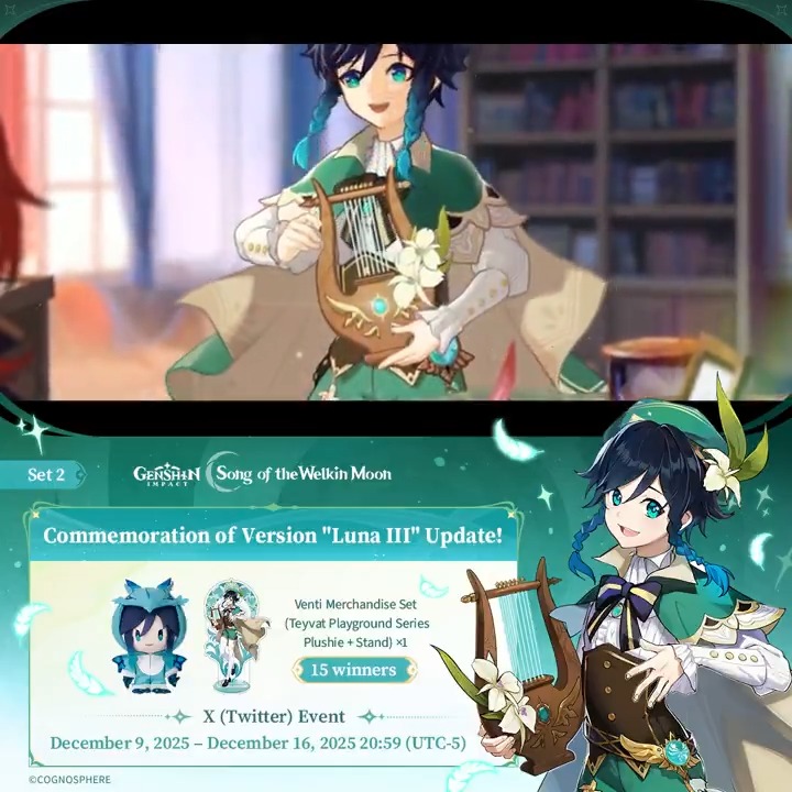 āØSet 2⨠Commemoration of Version "Luna III" Update šParticipate in the event for a chance to win official merchandise. How to Participate: ā Follow Genshin Impact ā” Repost this post You can instantly check the event results: #GenshinImpact