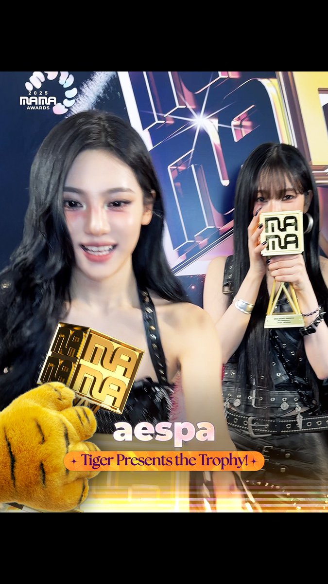 [#2025MAMA] Tiger Presents the Trophy!🐱🏆 aespa Mission accomplished, with a little roar! - BEST CHOREOGRAPHY - BEST DANCE PERFORMANCE FEMALE GROUP - BEST FEMALE GROUP HEAR MY ROAR, UH-HEUNG 2025 MAMA AWARDS #MAMAAWARDS #2025MAMAAWARDS