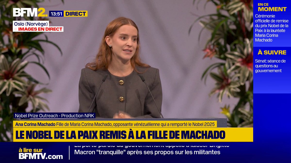 "Ma mère ne rompt jamais une promesse. C'est pourquoi, avec toute la joie dans mon cœur, je peux vous dire que dans quelques heures, nous pourrons l'embrasser ici à Oslo", déclare la fille de l'opposante vénézuélienne Machado #BFM2