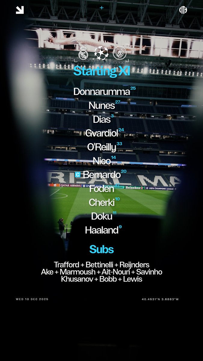 Your City team to face Real Madrid 😤🩵 XI | Donnarumma, Nunes, Dias, Gvardiol, O’Reilly, Nico, Bernardo (C), Foden, Cherki, Doku, Haaland SUBS | Trafford, Bettinelli, Reijnders, Ake, Marmoush, Ait-Nouri, Savinho, Khusanov, Bobb, Lewis