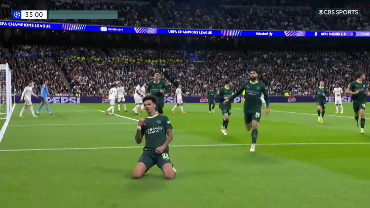 Nico O'Reilly gets his first EVER #UCL goal, and it comes against European giants Real Madrid 🤩 He's been at the club since he was 8-years-old, what a moment for the young man 🥹