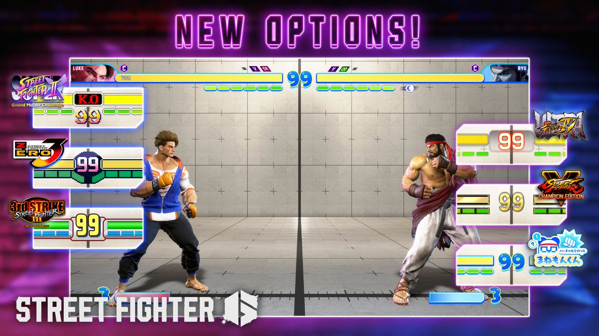 #スト6 新機能「バトルHUDデザイン選択」が12/16に追加👏 対戦中に表示される体力ゲージなどのデザインを変更できるようになります。 「まねもん」デザインは無料で入手できる他 下記デザインはSHOPで販売予定！ 🥋スーパーストリートファイターII X ⚡ストリートファイターZERO3 🌆ストリートファイターIII 3rd STRIKE 🔥ウルトラストリートファイターIV 🏆ストリートファイターV チャンピオンエディション お好みのバトルHUDでプレイしよう！