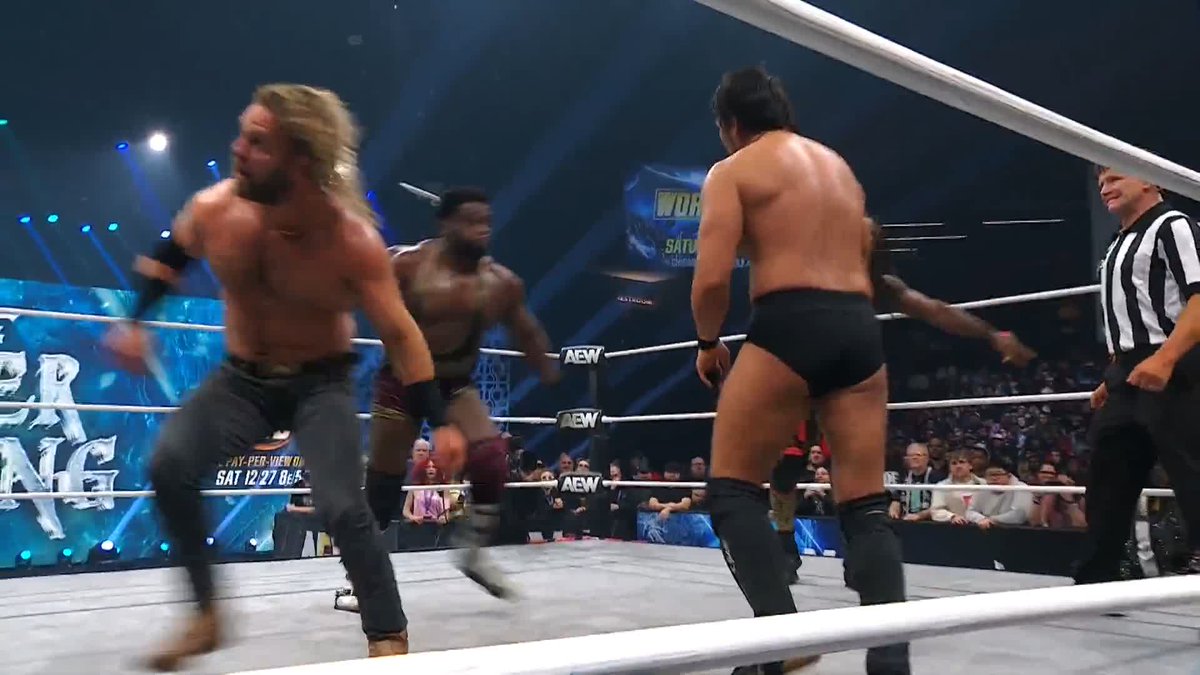 Hangman/Swerve double team moves: • Double Rolling Elbows • Fallaway Slam/450 Splash • Forearm/Flatliner combo • Double Powerbomb through table • Buckshot Lariat into House Call THIS IS ACTUALLY HAPPENING. HELL HAS FROZEN OVER.
