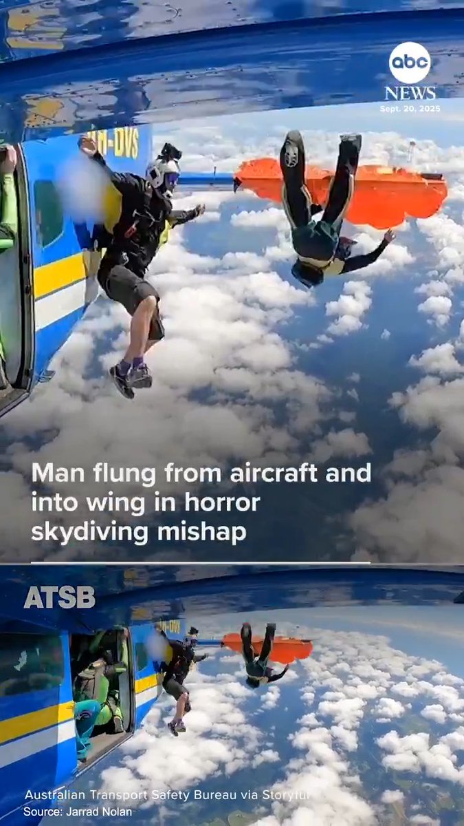 Terrifying footage captured the heart-stopping moment a skydiver was flung from a plane and his reserve parachute became snagged on a wing mid-air over Queensland. He cut himself free, released his main parachute and landed safely, sustaining only minor injuries.