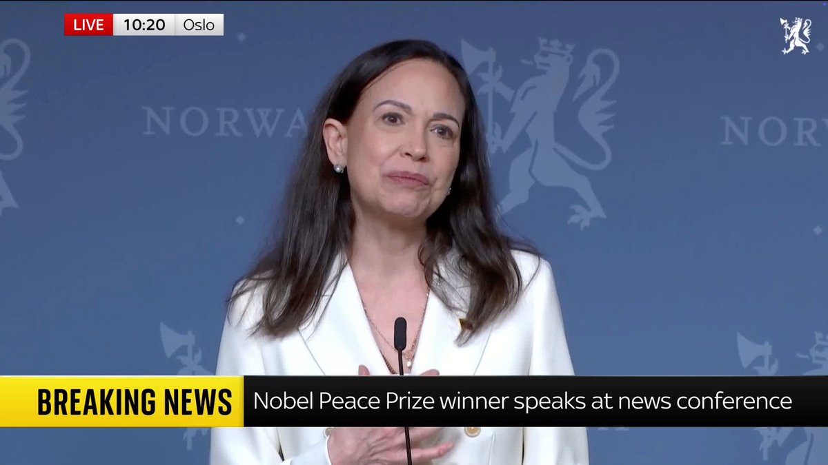 "I am very hopeful Venezuela will be free" Nobel Peace Prize winner Maria Corina Machado delivers an address in Oslo after making her return to the public eye following months in hiding 📺 Sky 501, Virgin 602, Freeview 233 and YouTube