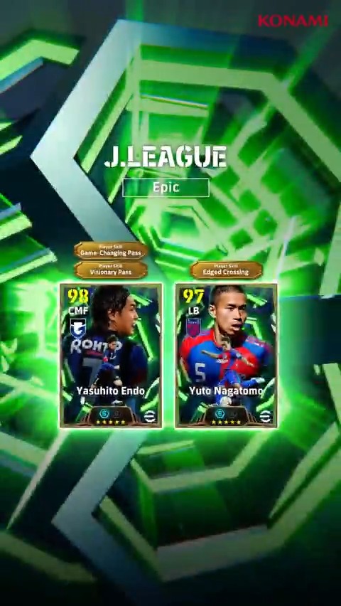 【Epic: J.LEAGUE】 輝きを放ちＪリーグアウォーズベストイレブンにも選出された、遠藤 保仁と長友 佑都が登場！ 遠藤 保仁（レジスタ+3） 長友 佑都（パス+3） 中盤の司令塔とサイドの躍動で、勝利を引き寄せよう！ #イーフト #eFootball
