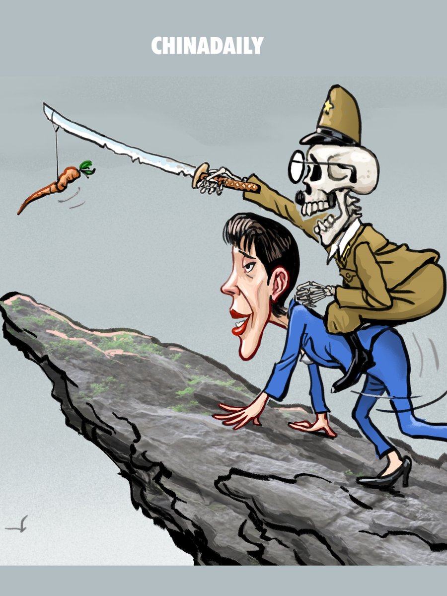 #ChinaDailyCartoon Takaichi lets the ghost of Japanese militarism grab the reins, trying to drag #Japan toward eternal doom.