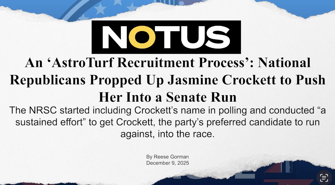 👻 How Jasmine Crockett got tricked into running for the Senate in Texas A new report details how Republicans tricked Jasmine Crockett into running for the Texas Senate seat with polling and astroturfed messaging campaigns.