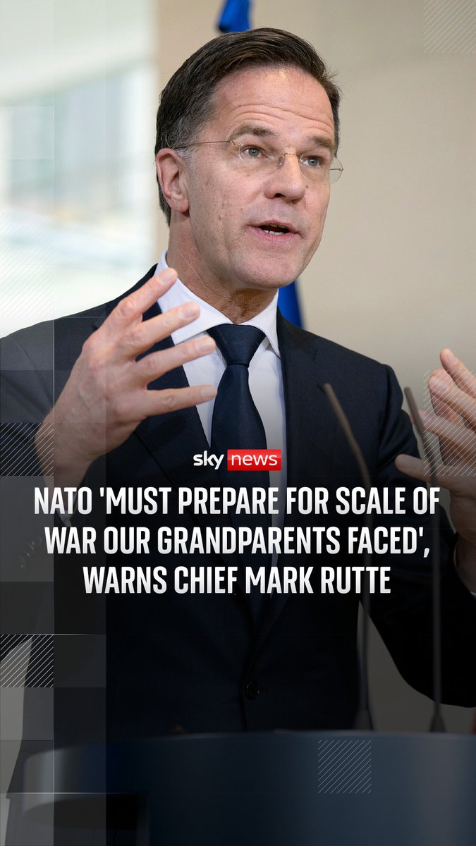 NATO chief Mark Rutte has warned its member states are "Russia's next target".⁠ ⁠ Speaking at a security conference event in Berlin, Rutte says the bloc must make all efforts to prevent a war that could be "on the scale of war our grandparents and great-grandparents endured".⁠