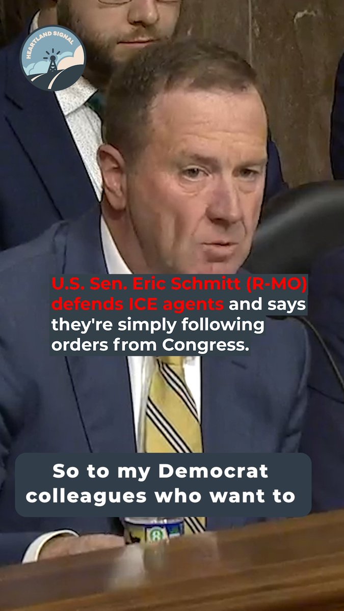 U.S. Sen. Eric Schmitt (R-MO) defends ICE agents and says they're simply following orders from Congress. "So when we villainize ICE agents ... who are simply enforcing the laws that this Congress — or not this Congress, but Congress has passed over the years. This is insane."