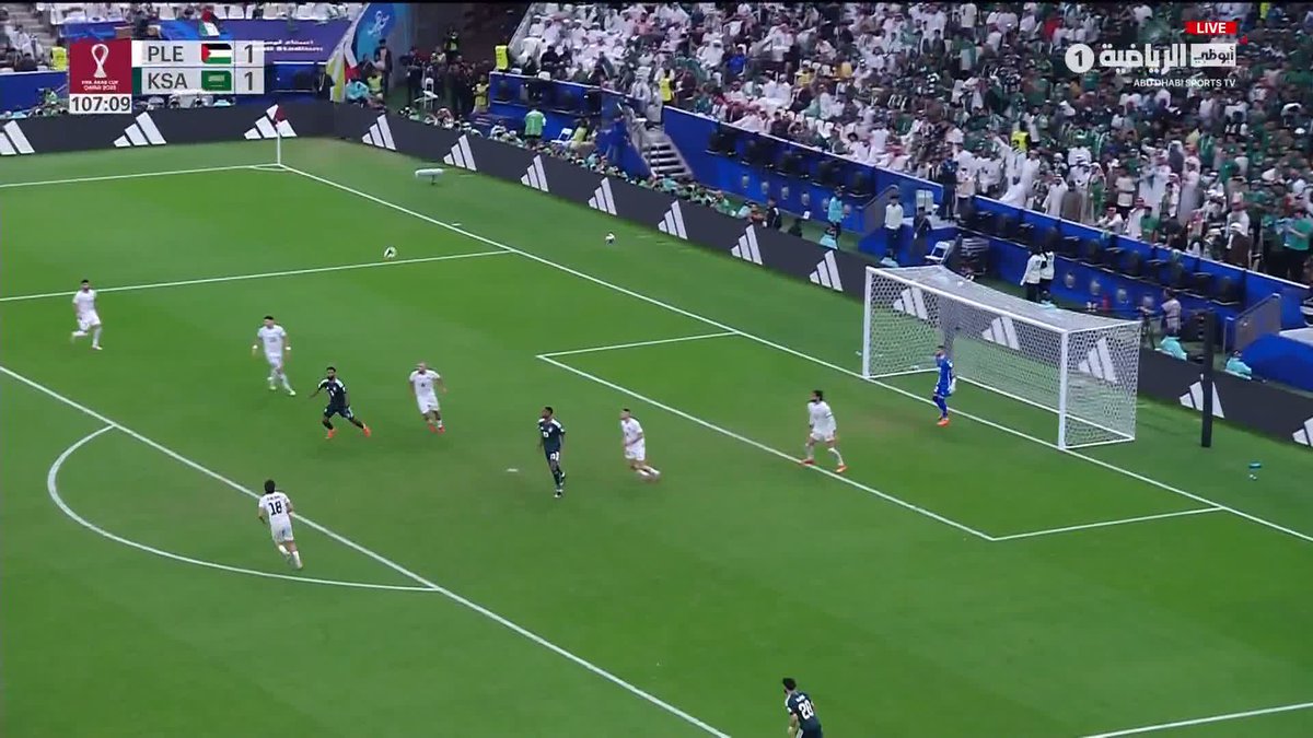 كرة قوية تصطدم بحكم المباراة أمين عمر #فلسطين_السعودية #كأس_العرب 🏆 #FIFAArabCup
