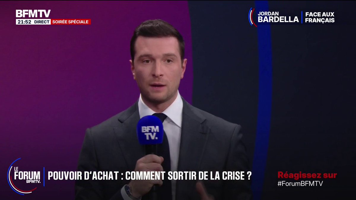 FORUM BFMTV - "Si j'arrive au pouvoir, je mets la TVA à 0% sur les produits de première nécessité et je permets aux chefs d'entreprises d'augmenter les salaires de 10% sans charge", déclare Jordan Bardella #FORUMBFMTV