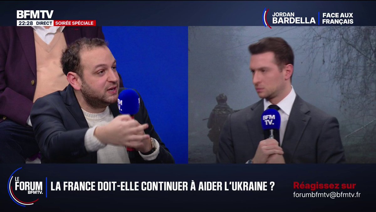 FORUM BFMTV - " Vos positionnements à l'international ne sont jamais clairs", dit Élie, avocat "J'ai condamné sans la moindre ambiguïté l'agression que l'Ukraine a subie par la Russie", répond Jordan Bardella, président du RN #FORUMBFM