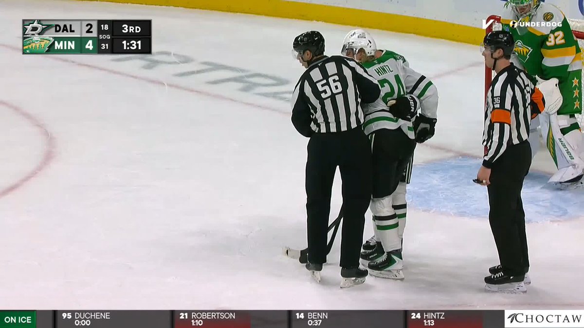 Roope Hintz had to be helped off the ice after taking a shot off his leg late in tonight's game.