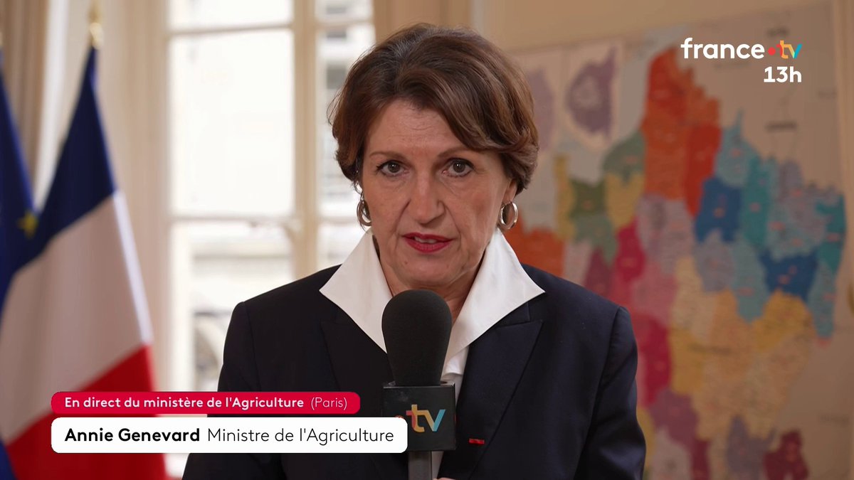 🔴 🗣 "La vaccination c'est une protection", martèle Annie Genevard. La ministre de l'Agriculture rappelle que la vaccination est de mise à 50 km à la ronde lorsqu'un cas est détecté en France et qu'un million d'animaux ont déjà été vaccinés. #13h