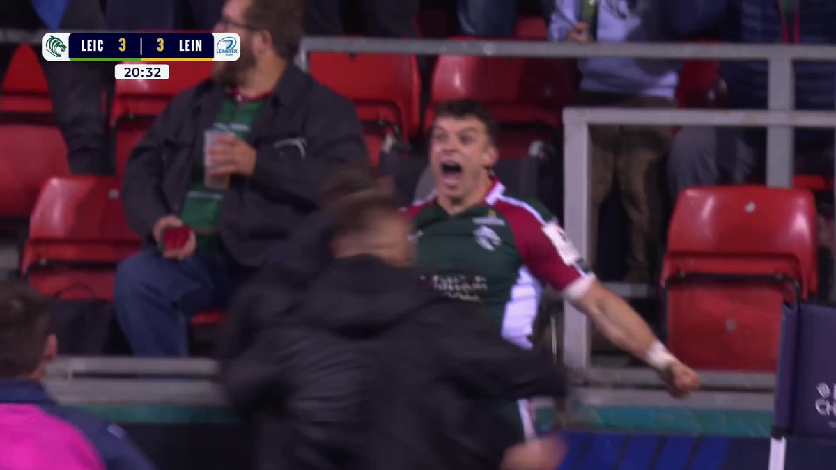 Listen to that ROAR! 😱 Adam Radwan shows off his football skills to bag a brilliant Leicester Tigers try 🐅 #InvestecChampionsCup