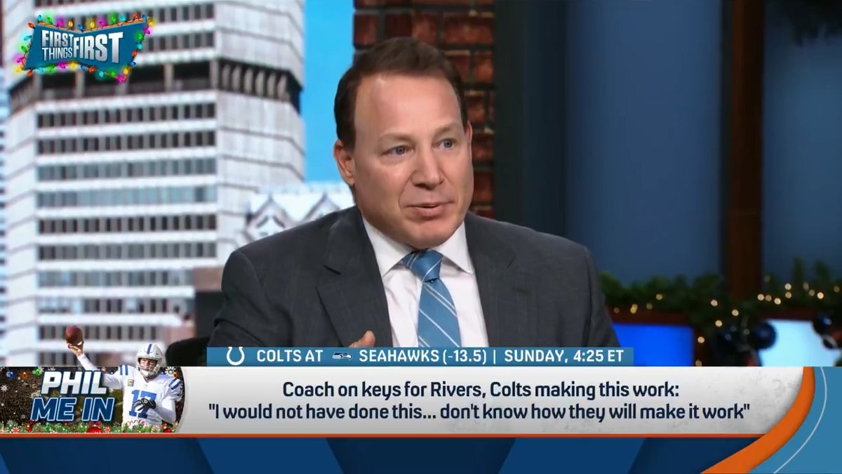 Coach Mangini has a "key" for Phillip Rivers and the Colts vs. Seahawks 😂 "Hand the ball off a lot, and throw the ball quick. It’s Disney at this point."