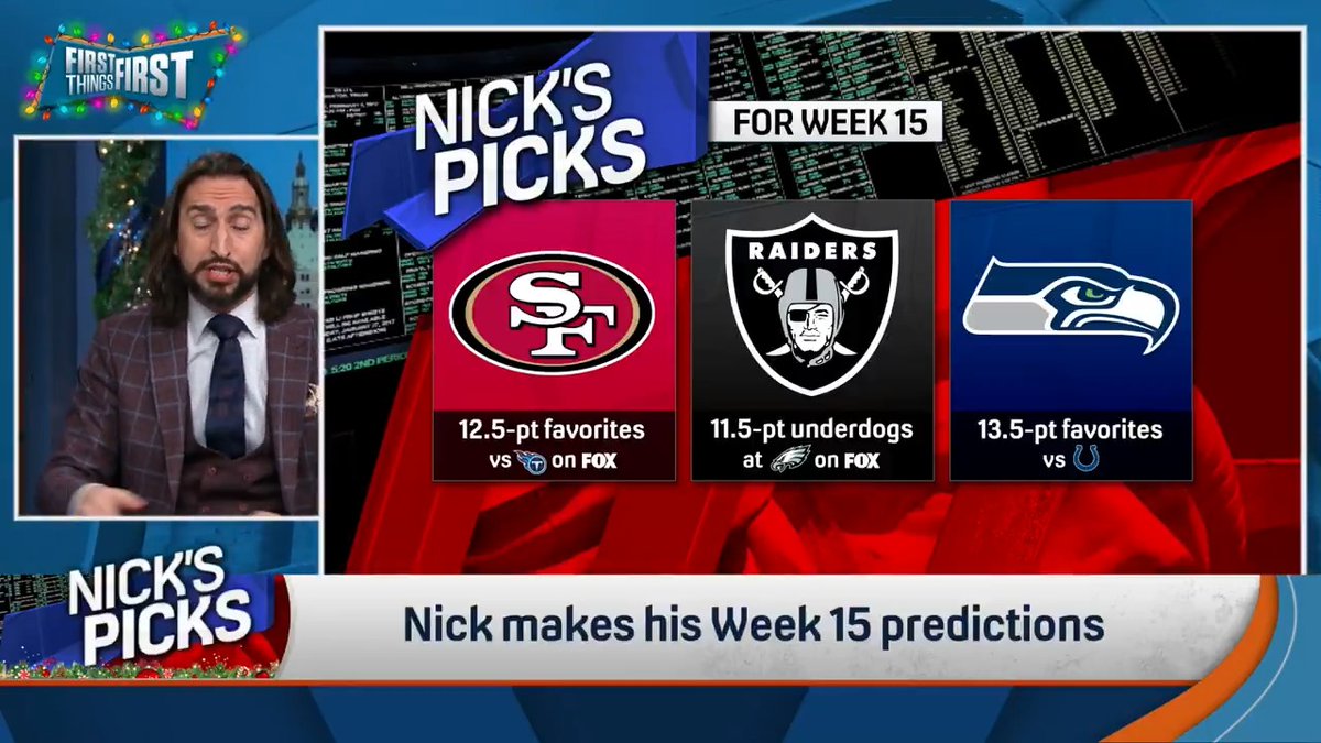 .nick wright is looking to continue his hot streak by going ALL IN on double-digit spreads for this week's #NicksPicks 💰 49ers (-12.5) Raiders (+11.5) Seahawks (-13.5)