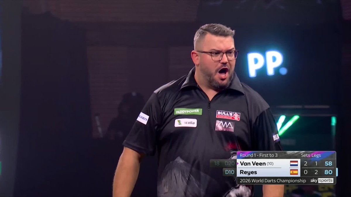 REYES GETS ONE BACK! Cristo Reyes isn't done yet! He cleans up 220 in six darts to halve the deficit against Gian van Veen! 📺 #WCDarts | R1