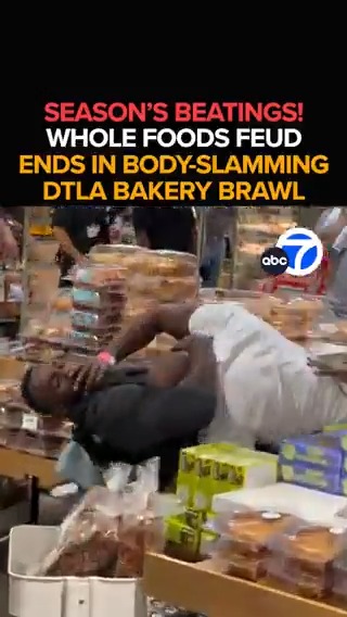 'Tis the season for sparring! Stunned shoppers watch as two men in a heated fight go rolling through the rolls in the bakery of a DTLA Whole Foods. What triggered the match among the muffins? The new video of the bakery brawl - Tonight at 11 from ABC7.