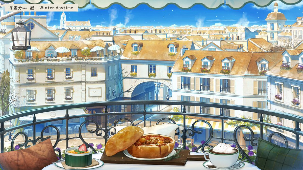 【無料アップデートのお知らせ】 『街が見えるカフェ』冬差分を追加しました❄️ 雪が静かに降っていて他の季節とはまた違った雰囲気が楽しめます✨ あったかフードもご用意したのでぜひ☕️ 販売ページ：