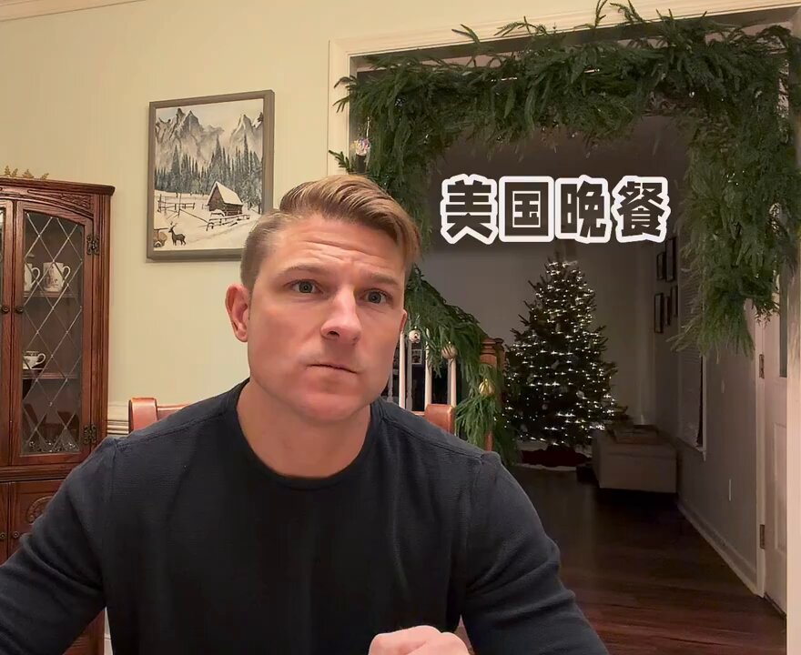 A middle class American man showing his dinner to his Chinese audience on Xiaohongshu. He is eating a sandwich and some mashed potato for dinner. And his Chinese audience pities him.