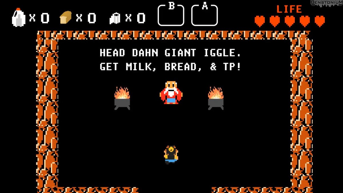 Pittsburgh version of the classic 8-bit video game The Legend of Zelda. 😂 When the snow starts falling in Pittsburgh, the Quest for Bread, Milk, &amp; Toilet Paper begins!