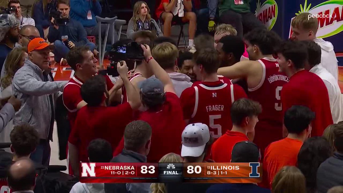HE HIT IT‼️ Jamarques Lawrence's 3-pointer right before the buzzer sends No. 23 Nebraska Men's Basketball to a dramatic win at No. 13 Illinois.