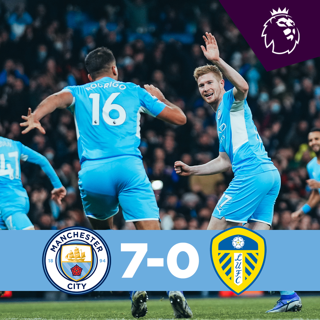 #OnThisDay: #ManCity 7-0 Leeds [2021] ⚽️ [8'] Phil Foden ⚽️ [13'] Jack Grealish ⚽️ [32', 62'] Kevin De Bruyne ⚽️ [49'] Riyad Riyad Mahrez ⚽️ [74'] John Stones ⚽️ [78'] Nathan Aké