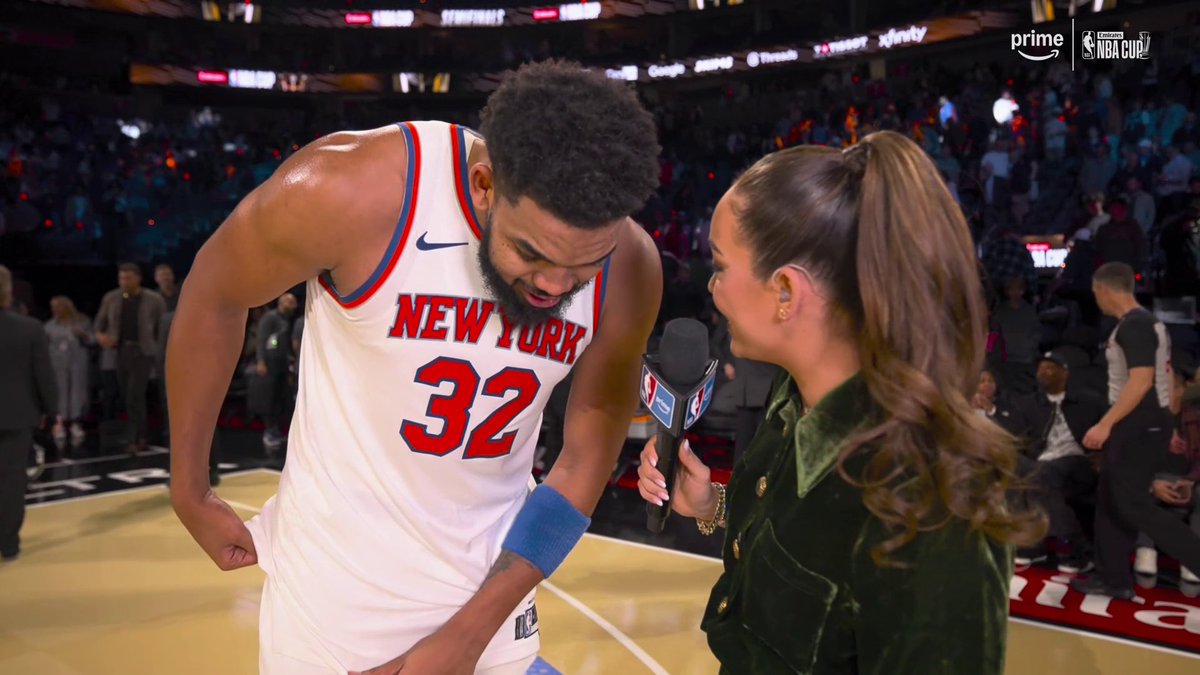 "We're playing good basketball right now." Cassidy Hubbarth chats to Karl-Anthony Towns after the Knicks advanced to the Emirates NBA Cup Championship 🗣️