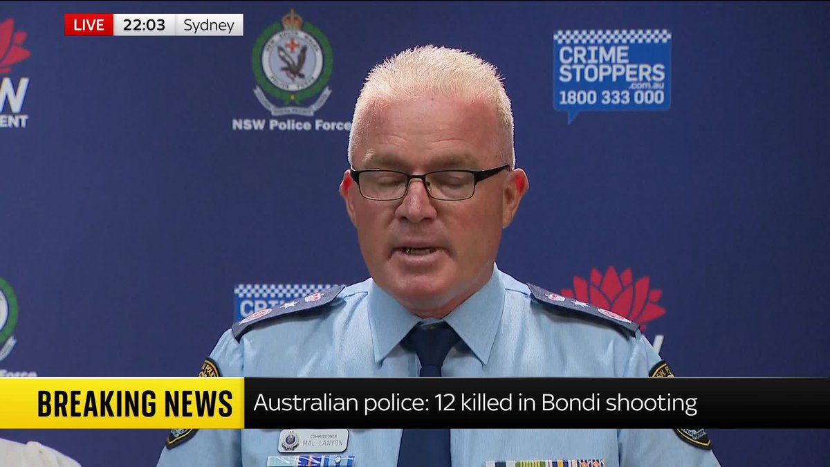 At least 12 people have been killed and 29 others are injured in a shooting at a Jewish event in Bondi Beach, says New South Wales Police Commissioner, Mal Lanyon. He also declared the attack to be a terrorist incident. ➡️ 📺Sky 501 and YouTube