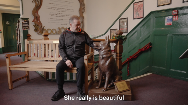 We're still missing Vislor Antilly, our four-legged friend who played Brandy in After Life. Ricky Gervais paid tribute to his beloved co-star, and unveiled a beautiful statue in her honour, right next to the bench in Hemel Hempstead. This one's for you, Anti.