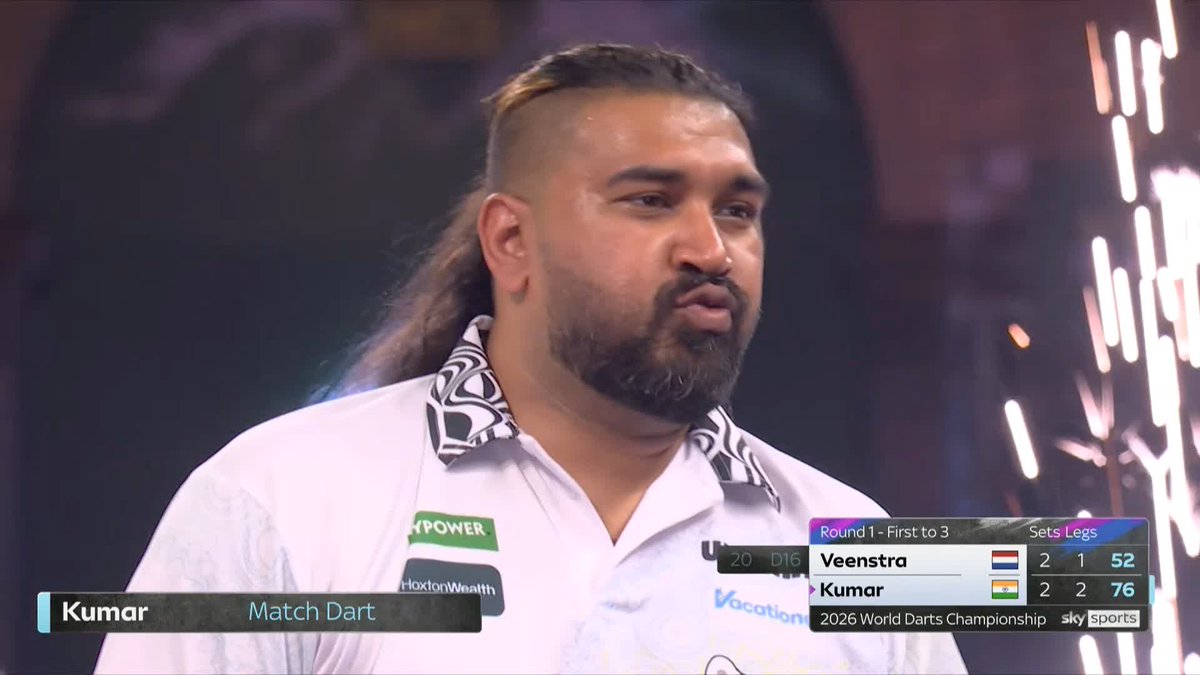 KUMAR MAKES HISTORY 🙌 Nitin Kumar becomes the first ever player from India to win on the Alexandra Palace stage 🇮🇳 He defies FIVE ton-plus finishes from Richard Veenstra to win 3-2 and advance to Round Two! Why we love the darts. 📺 #WCDarts | R1
