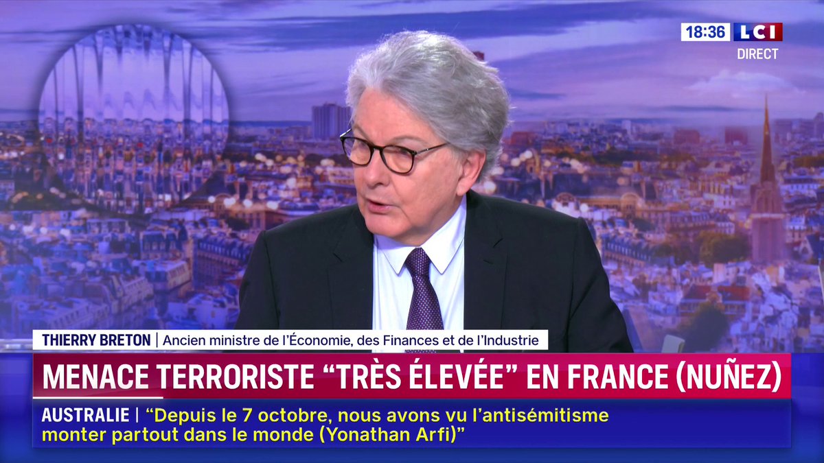 "Il faut désormais de façon extrêmement explicite dire que tous les propos antisémites sur nos réseaux c'est un risque systémique", Thierry Breton qui souhaite que les plateformes doivent "expliquer ce qu'elles font pour les bannir et les signaler" ▶️ Darius Rochebin