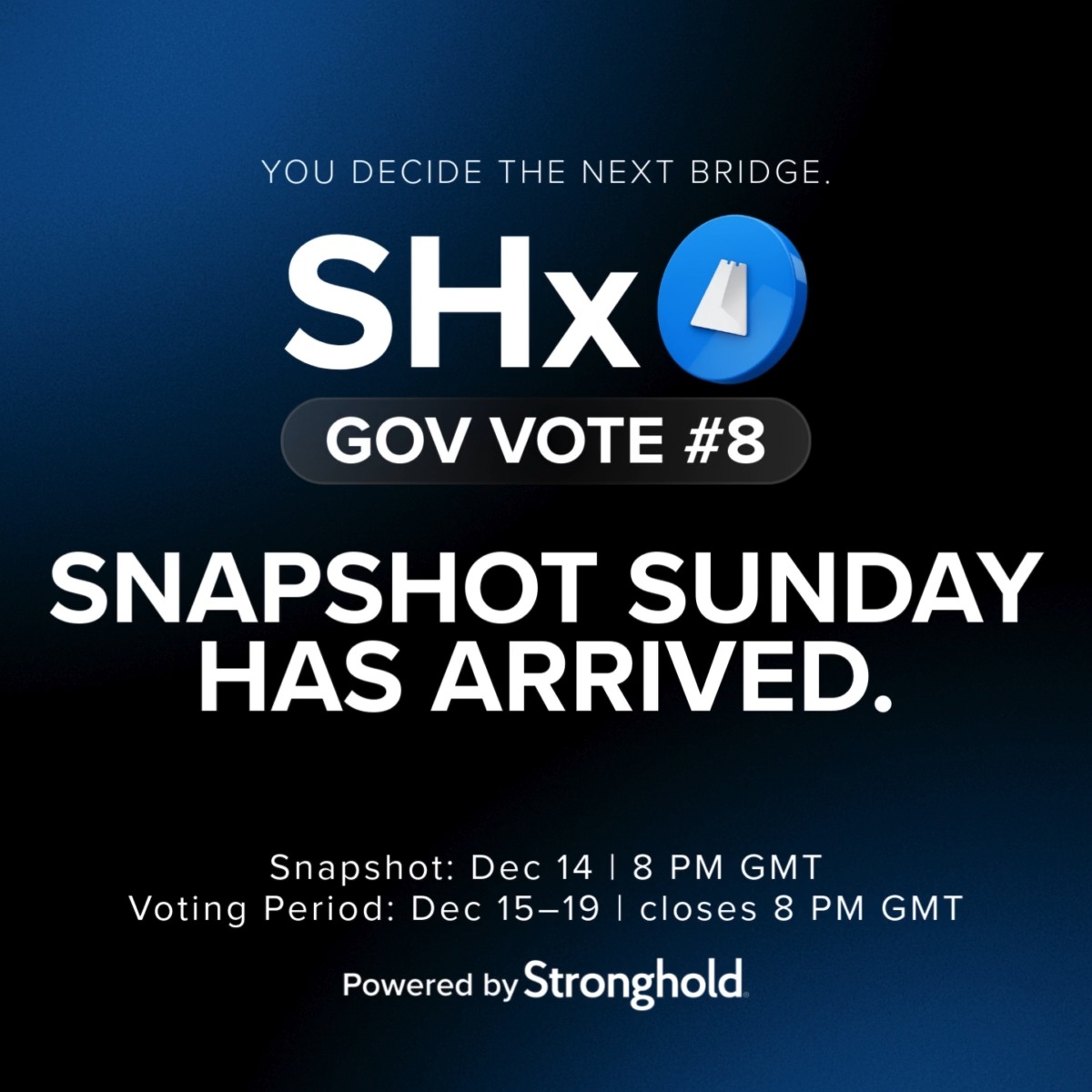 Snapshot day is here ✅ We’re locking the voting set for Gov Vote 8. 📍Snapshot: Dec 14 | 8 PM GMT Next: voting opens tomorrow. Solana first or XRPL first, you decide what’s next on the roadmap. 🗓️ Voting window: Dec 15–19 | closes 8 PM GMT Vote tool: