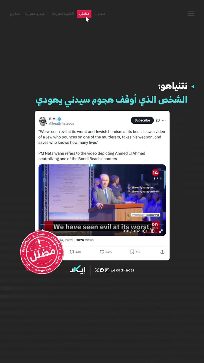 #مُضلِّل | نتنياهو: الشخص الذي أوقف هجوم سيدني يهودي درجة الإيكاد: ❌مُضلِّل❌ كيف تحققنا؟🔍 ✔️بعد انتشار فيديو يُظهر شخصًا ينتزع السلاح من أحد منفذي هجوم أستراليا، ظهر رئيس الوزراء الإسرائيلي بنيامين نتنياهو في فيديو زعم فيه أن من أوقف هجوم سيدني شخص يهودي، وأشاد به في الوقت ذاته. ✔️هذه الرواية أيضًا روجتها حسابات إسرائيلية ومنهم الصحفي إيدي كوهين. ✔️وبحسب قنوات إخبارية وصحف أسترالية، تبيّن لاحقاً أن الشخص الذي قام بتجريد أحد منفذي الهجوم من سلاحه مسلم يُدعى "أحمد الأحمد". ✔️كما نشرت قناة "7News" الأسترالية مشاهد لشخص يُدعى "مصطفى"، وهو ابن عم أحمد، تحدث فيها عن الوضع الصحي للأخير، موضحًا أنه أُصيب بطلقتين ناريتين في أثناء محاولته انتزاع السلاح من أحد منفذي الهجوم.
