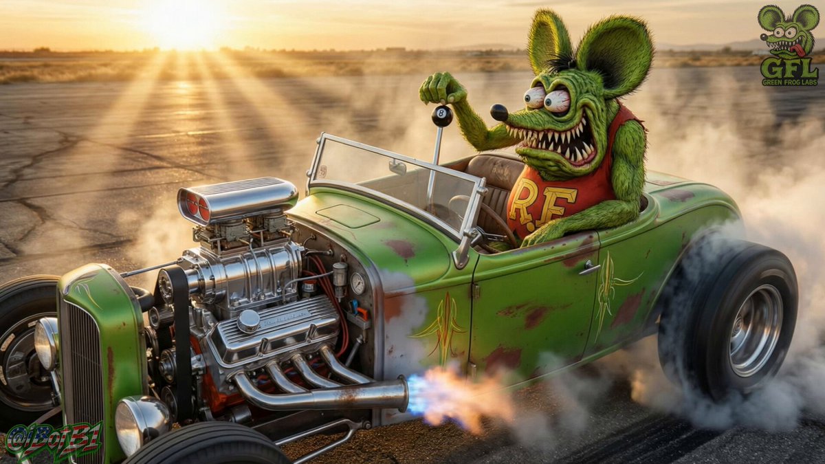 Ratfink and President Trump Go for a Ride 🐸 🧠 Rat Fink is an iconic, grotesque cartoon rat with bulging eyes and sharp teeth, created by American artist Ed "Big Daddy" Roth in the 1960s as an underground hot-rod culture icon and a twisted counterpoint to Mickey Mouse. This beloved character, a fixture on T-shirts and custom cars, symbolizes the rebellious "Kustom Kulture," representing hot rods, monsters, and a general anti-establishment vibe, with ongoing reunions and merchandise celebrating his legacy. GFL Creative Professional: iBotB