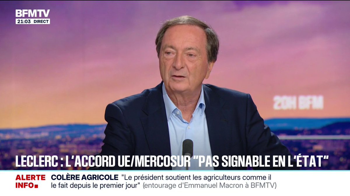 Mercosur: "En tant que distributeur, on ne sera pas importateur de poulets ou de viandes" si les clauses de sauvegarde ne sont pas respectées, assure Michel-Édouard Leclerc