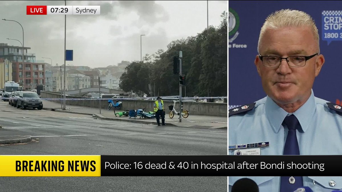 BREAKING: Bondi Beach attackers were a 50-year-old and 24-year-old father and son. The father, now deceased, had six firearms licensed to him. New South Wales police commissioner Mal Lanyon confirmed police are not looking for a third offender.
