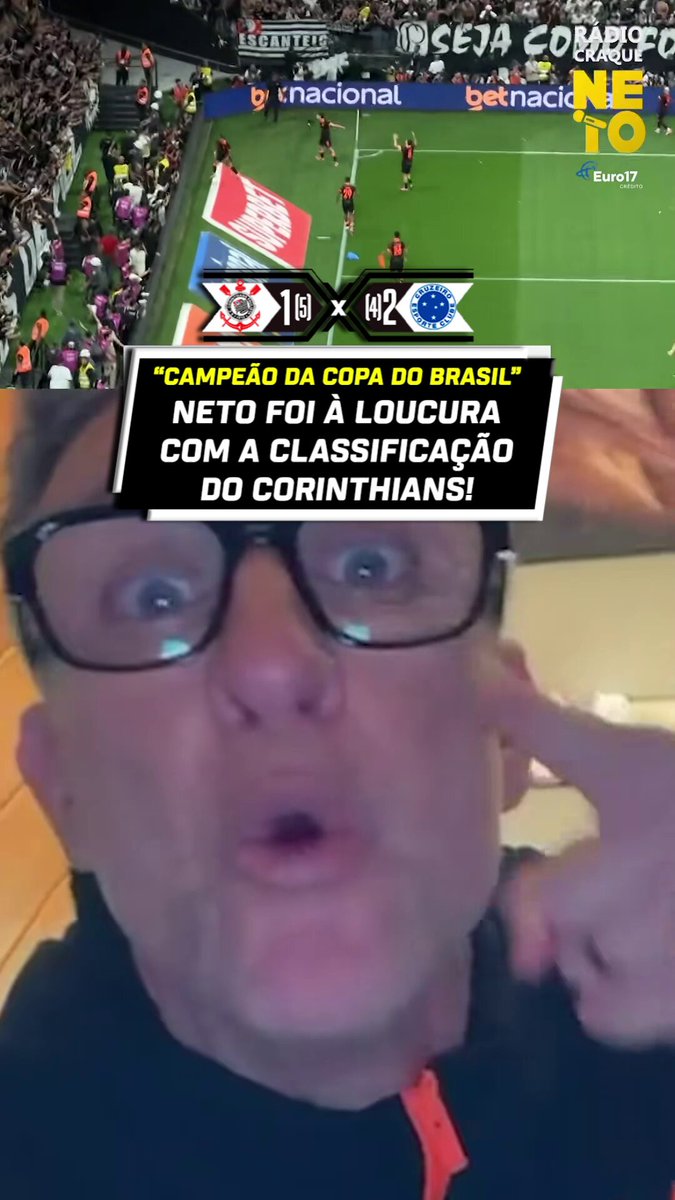 “O Corinthians é campeão da Copa do Brasil. Parabéns a todos os jogadores. Vocês deixaram chegar.” 🎙️ Neto. 🎥 Reprodução