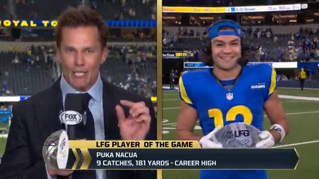 "If it's coming to number twelve, I'm going to find a way to come down with it." Los Angeles Rams WR Puka Nacua joined Tom Brady after being named his #LFG Player of the Game!