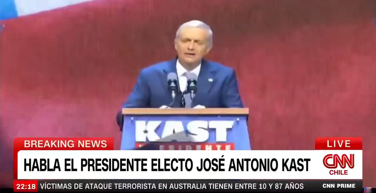 🔴💸 ALERTE : Discours historique du nouveau président-élu chilien, José Kast. "Sans sécurité, il n’y a pas de paix. Sans paix, il n’y a pas de démocratie. Sans démocratie, il n’y a pas de liberté. Le Chili sera de nouveau libre, libre de l’angoisse, libre de la peur !" (CNN)