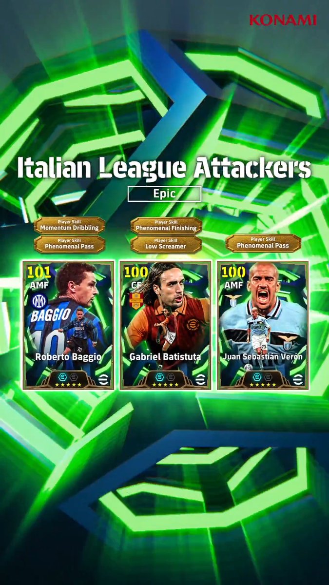 【Epic: Italian League Attackers】 イタリアサッカーの歴史を彩るスターが登場！ ロベルト バッジョ（テクニック+3） フアン セバスティアン ベロン（バランサー+3） ガブリエル バティストゥータ（ストレングス+3） 華麗なパスワークと圧倒的な決定力で、勝利を掴み取ろう！ #イーフト