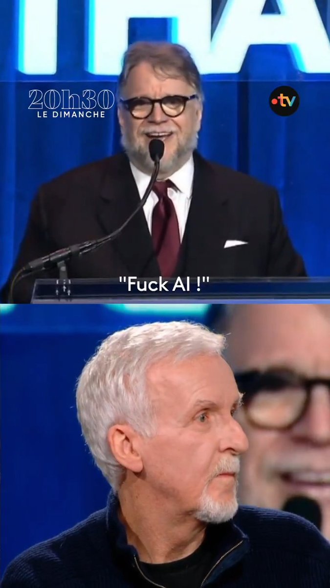 "Je n'ai jamais utilisé l'IA dans un film Avatar." Dans 20h30 le dimanche, James Cameron a réagi au "Fuck AI !" prononcé il y a quelques jours par son ami Guillermo del Toro dans un discours engagé.