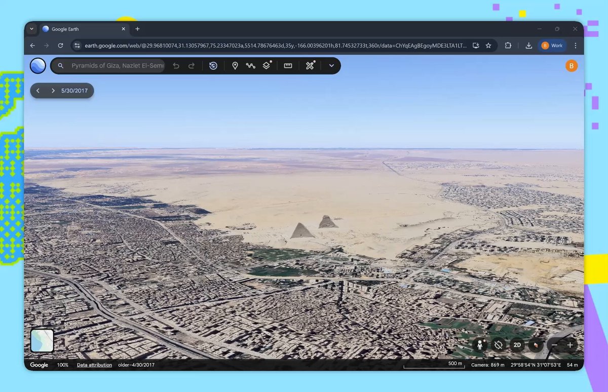 The pyramids were once covered in smooth white limestone with a reflective capstone. I wanted to see what that looked like, so I used my Earth Cinema Chrome Extension 🌍