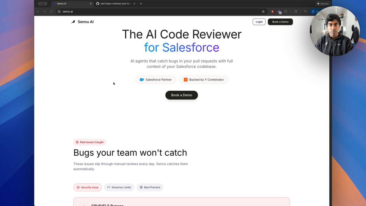Sennu AI (Sennu AI) is an AI code reviewer that reviews Salesforce pull requests like a senior architect would. It uses Salesforce best practices and your full org context to catch issues early and help dev teams merge code faster.