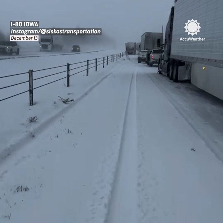 Semi-trucks and vehicles slid off a snow-covered and icy I-80 in Iowa on Saturday. Officials recommend driving slower and increasing your following distance when driving on a snowy interstate.