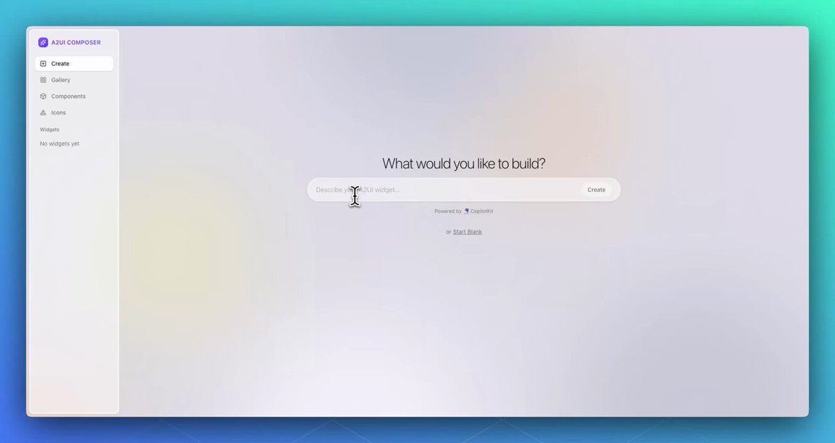 Introducing the A2UI Widget Builder ⚙️ An interactive demo and template to build A2UI Widgets and bring them into your application. Powered by CopilotKit & Google's new A2UI spec Includes... - Widget Gallery: premade UI widgets you can use & modify - Material Icons: 100 of the most commonly used icons - UI Components: common components preview, usage and props - Source code and data on any widget/icon/component - Built with CopilotKit- so you get chat UI, generative UI, etc. Try it out: Tutorial of how to get started: Repo: